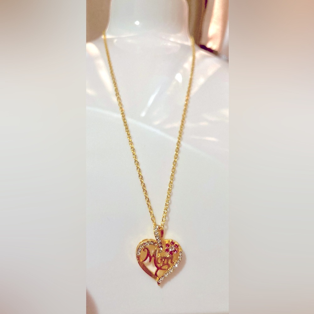 Goldtone Rhinestone & Flower Mom Heart Shaped Pendant Necklace ❤️🌹